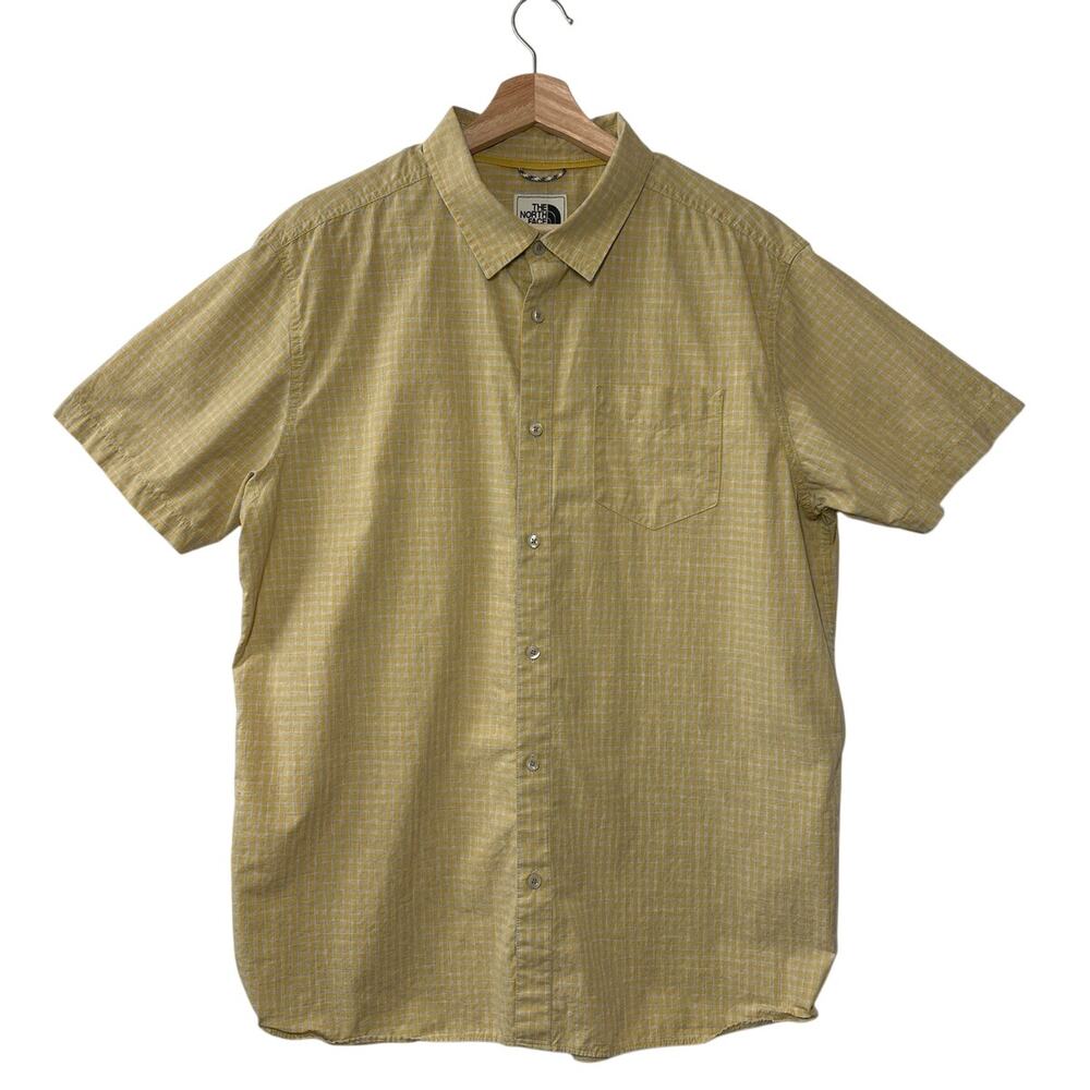 The North Face Button Up Shirt XL Yellow Gray Check Cotton Short Sleeve A3G4C